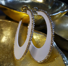 Roni Blanshay White Enamel Oval Hoop Earring Edged with Gold Crystals