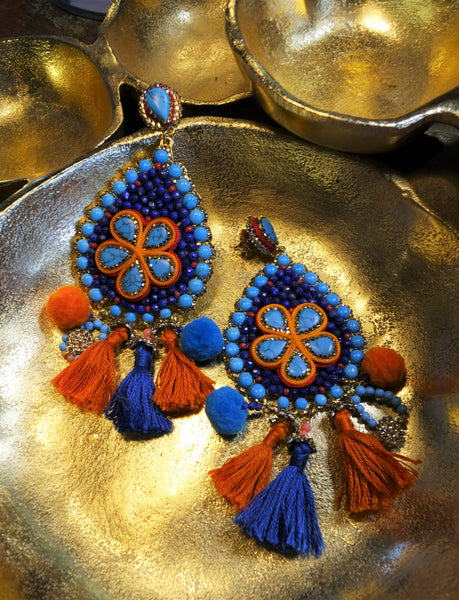 Roni Blanshay Turquoise Drop Earrings with Tassels and Pompoms