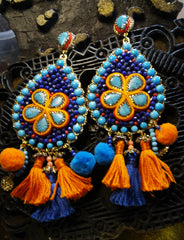 Roni Blanshay Turquoise Drop Earrings with Tassels and Pompoms