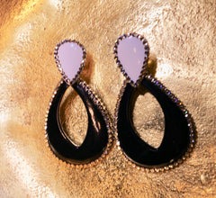 Roni Blanshay Open Teardrop Chandelier Earring in Black and White Enamel