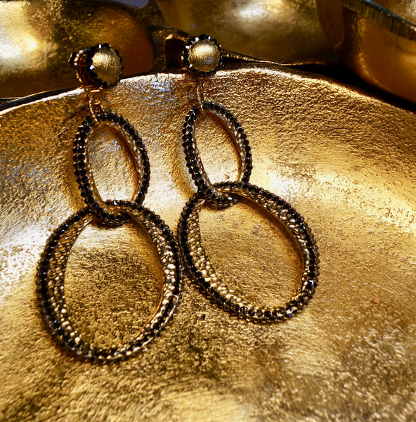 Roni Blanshay Open Gold Link Earrings with Black Swarovski Crystal Edging