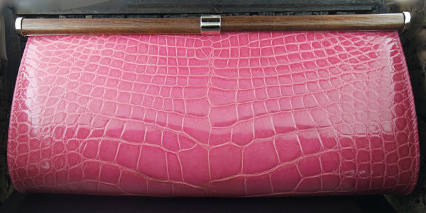 Suarez Hot Pink Alligator Clutch with Wooden Clasp, Chain Strap