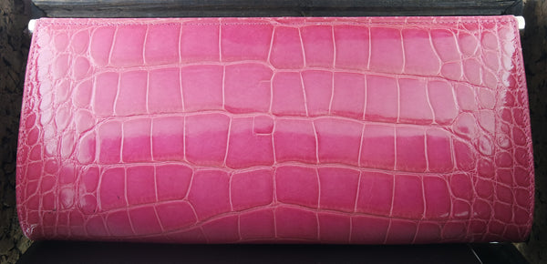 Suarez Hot Pink Alligator Clutch with Wooden Clasp, Chain Strap