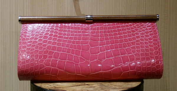 Suarez Hot Pink Alligator Clutch with Wooden Clasp, Chain Strap