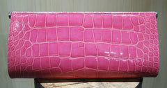 Suarez Hot Pink Alligator Clutch with Wooden Clasp, Chain Strap