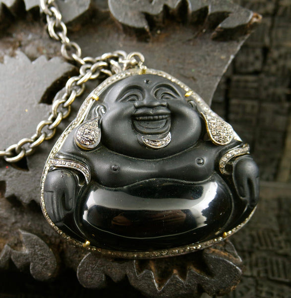 Jolie Altman Carved Obsidian Buddha Necklace in Sterling, 18K Gold, and Diamonds. One of a Kind