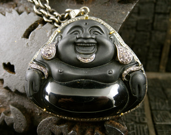 Jolie Altman Carved Obsidian Buddha Necklace in Sterling, 18K Gold, and Diamonds. One of a Kind