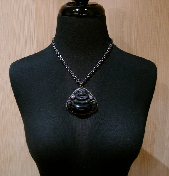 Jolie Altman Carved Obsidian Buddha Necklace in Sterling, 18K Gold, and Diamonds. One of a Kind