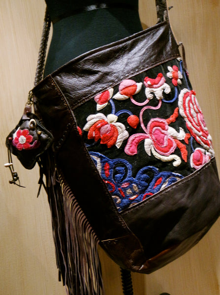 J.P. and Mattie Bohemian Tribal Fabric Shoulderbag with Leather Fringe- One of a Kind