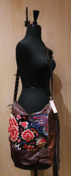 J.P. and Mattie H'mong Tribe Vintage Fabric and Leather Shoulderbag with Fringe