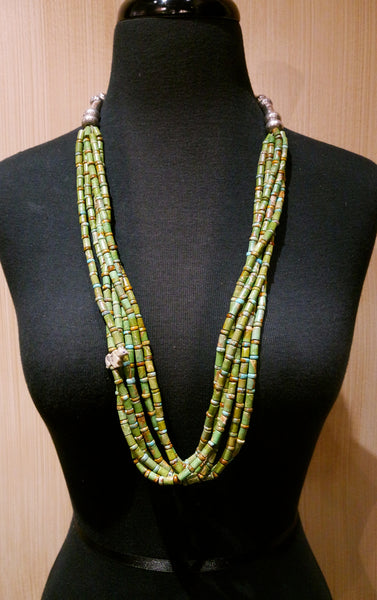 Southwestern Green Turquoise 6 Strand Necklace with Sterling Beads