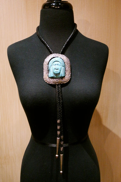 Silver and Turquoise Bolo Tie with Carved Indian Chief Slide