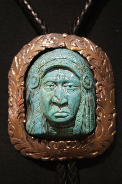 Silver and Turquoise Bolo Tie with Carved Indian Chief Slide