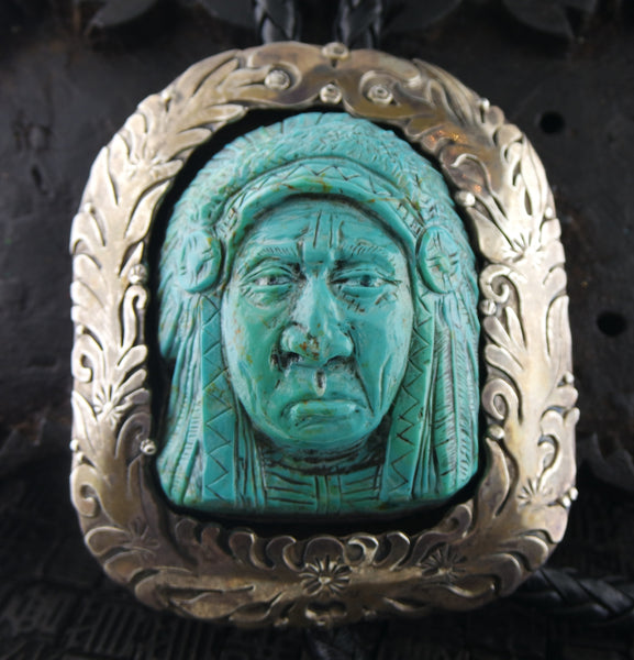 Silver and Turquoise Bolo Tie with Carved Indian Chief Slide