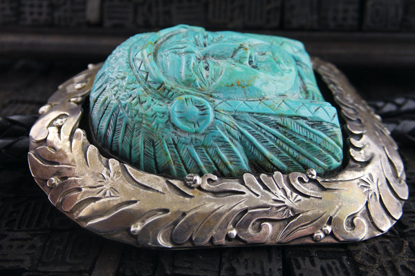 Silver and Turquoise Bolo Tie with Carved Indian Chief Slide