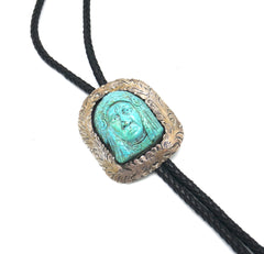 Silver and Turquoise Bolo Tie with Carved Indian Chief Slide