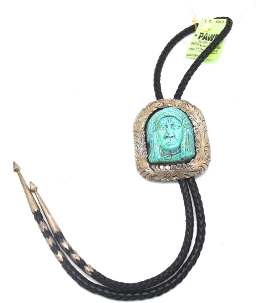 Silver and Turquoise Bolo Tie with Carved Indian Chief Slide