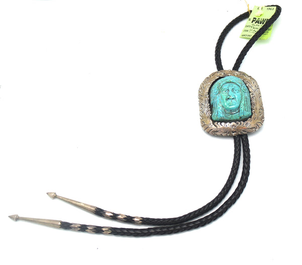 Silver and Turquoise Bolo Tie with Carved Indian Chief Slide