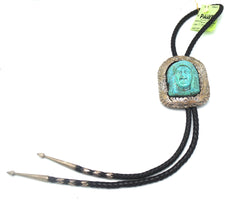 Silver and Turquoise Bolo Tie with Carved Indian Chief Slide