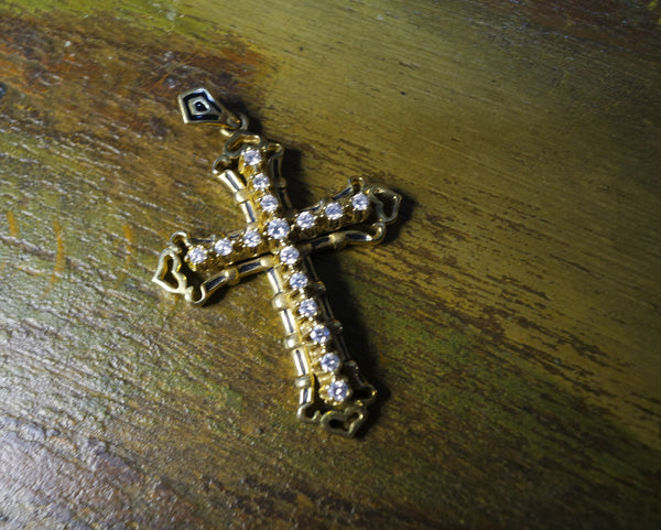 Antique French 18K Yellow Gold, Enamel and Diamond Cross Pendant