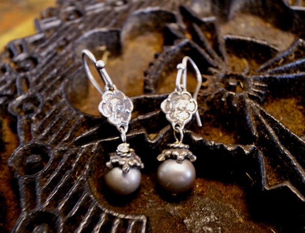 Shannon Koszyk Mary and Jesus Sterling and  Grey Pearl Earrings