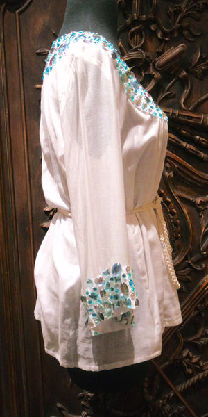 OM White Silk Top with Beaded Yoke