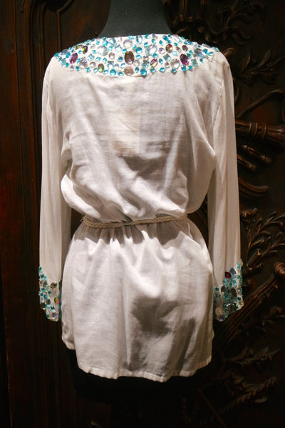 OM White Silk Top with Beaded Yoke