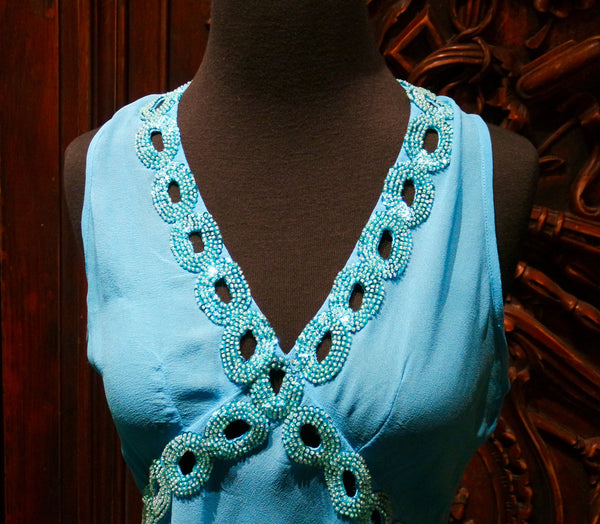 Tanja Pignatelli Turquoise Camisole Shirt with Green Beaded Neckline