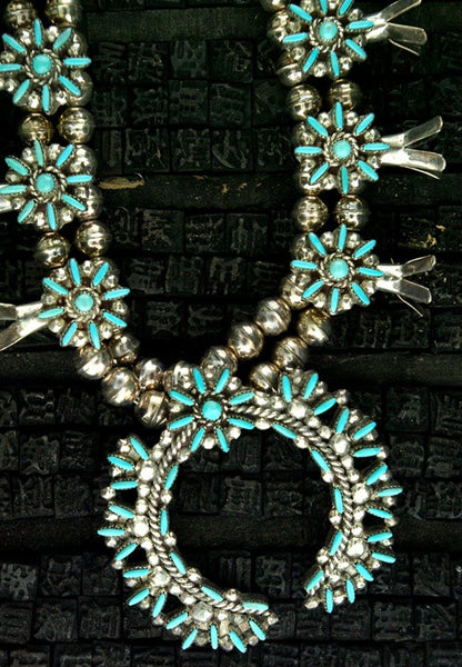 Zuni Sterling and Turquoise Squash Blossom Necklace